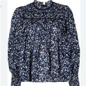 Ulla Johnson Navy Floral Smocked Yoke Blouse